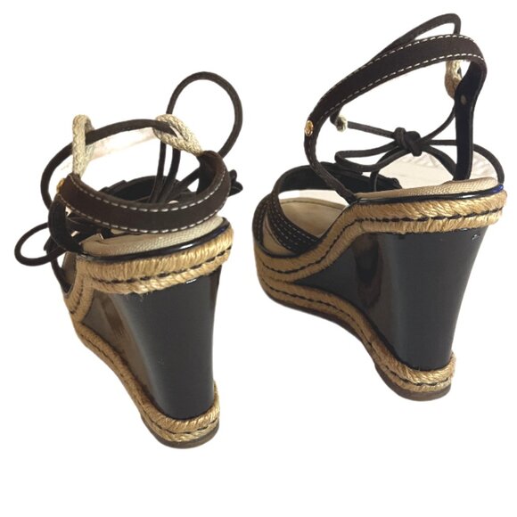 Louis Vuitton Brown Suede/Patent Leather Logo Charms Wedge Sandals Sz 36.5 -6.5 - Picture 14 of 16